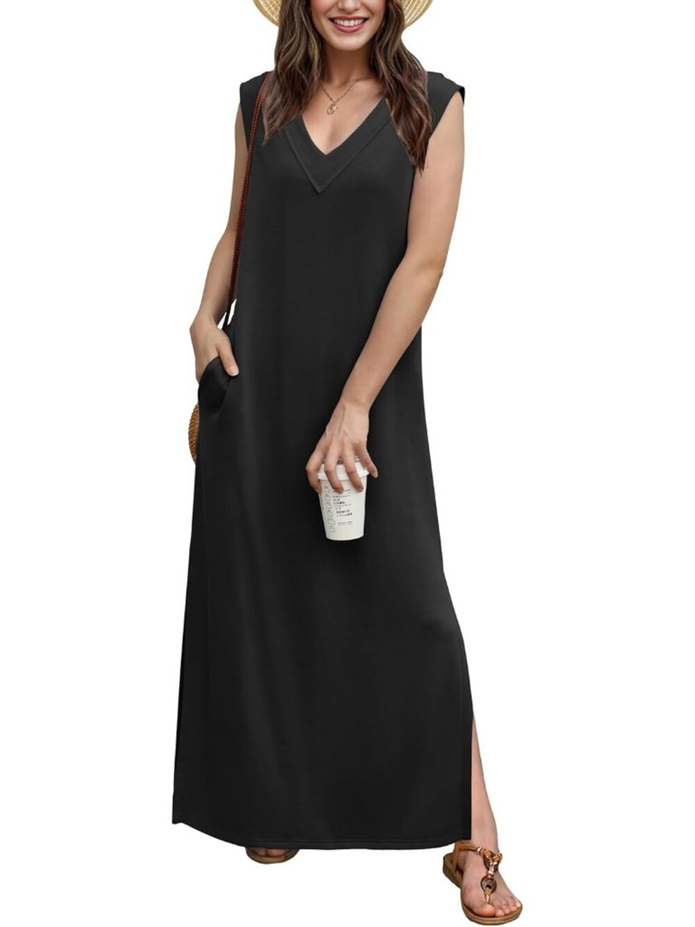 Women's Black Summer Maxi Dress V-Neck Sleeveless Casual Loose Split Long Dress